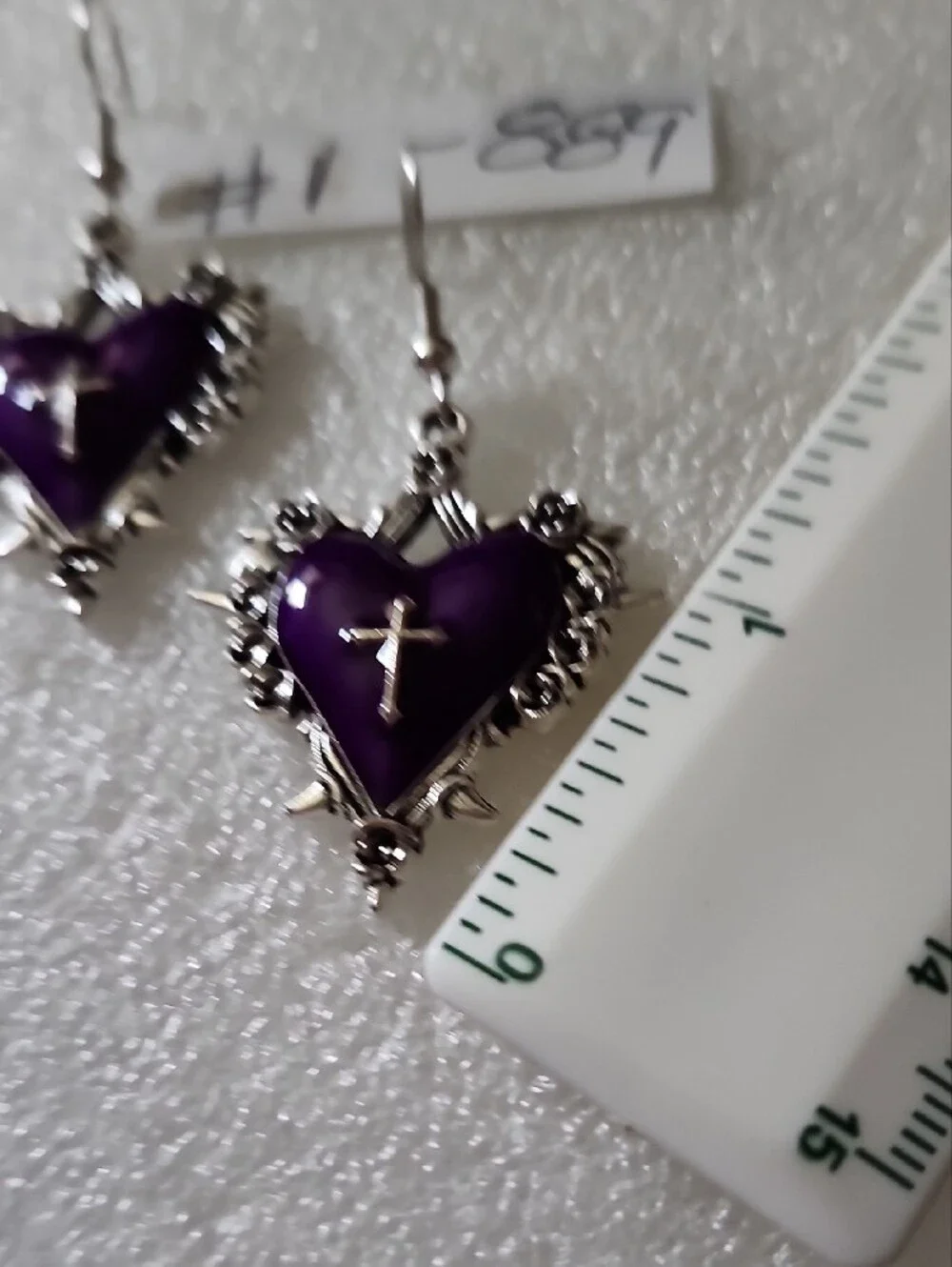 Hand Crafted Purple Heart Cross Earrings